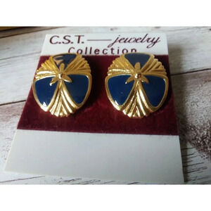 Oval Navy Blue and Gold Tone 1980s Earrings w/Surgical Steel Posts